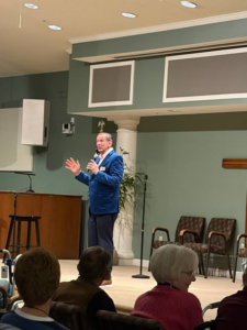 Comedian Gordan Douglas presenting to a group at the Garden Spot Village New Holand PA